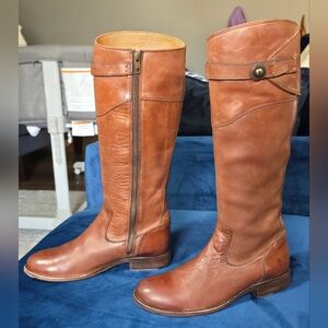 Frye Molly BUTTON Tall Cognac Leather Riding ZIP Boots size 6B Retail $398 EUC